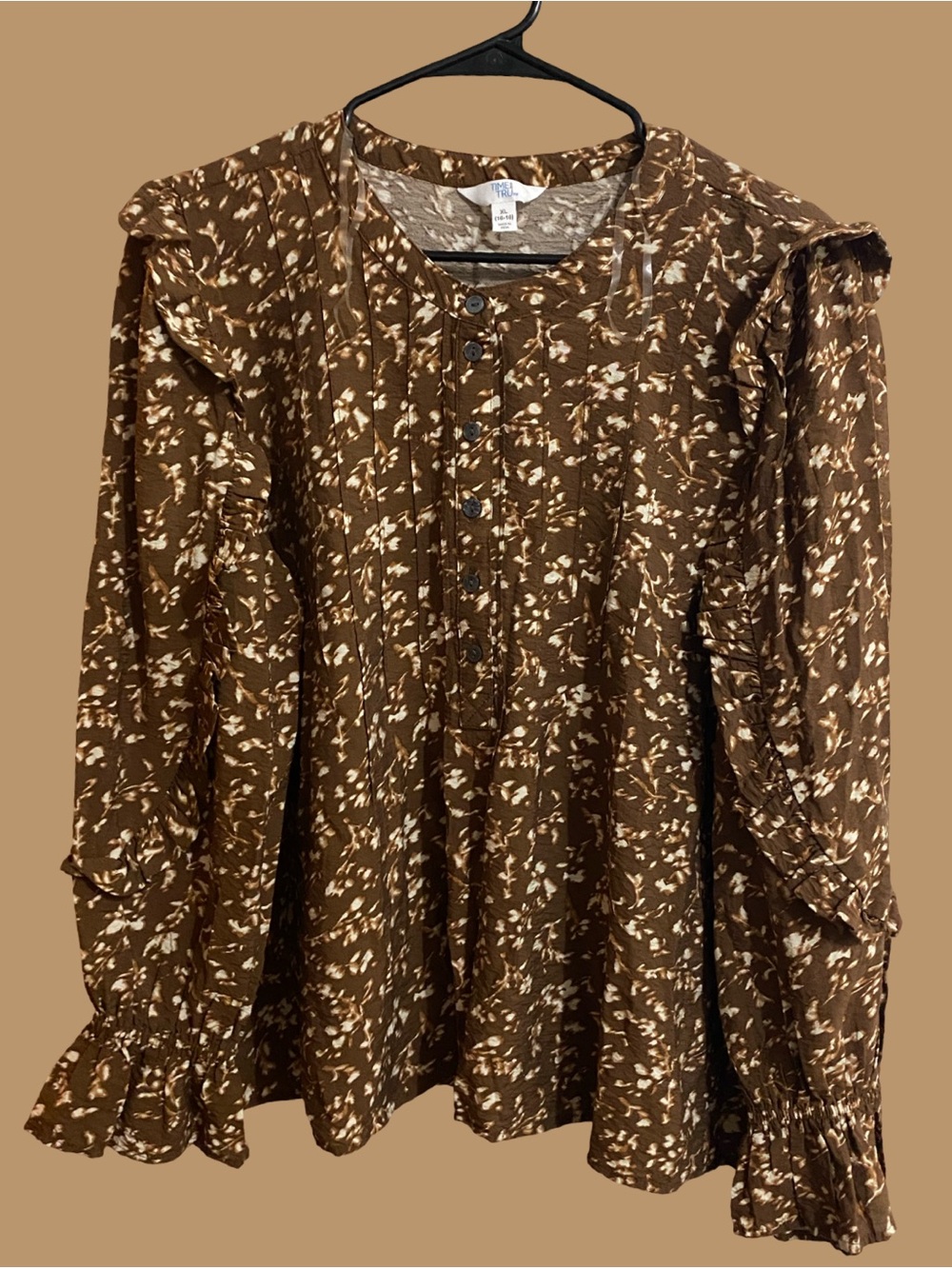 Time and Tru Brown Floral Button-Front Ruffle Sleeve Blouse